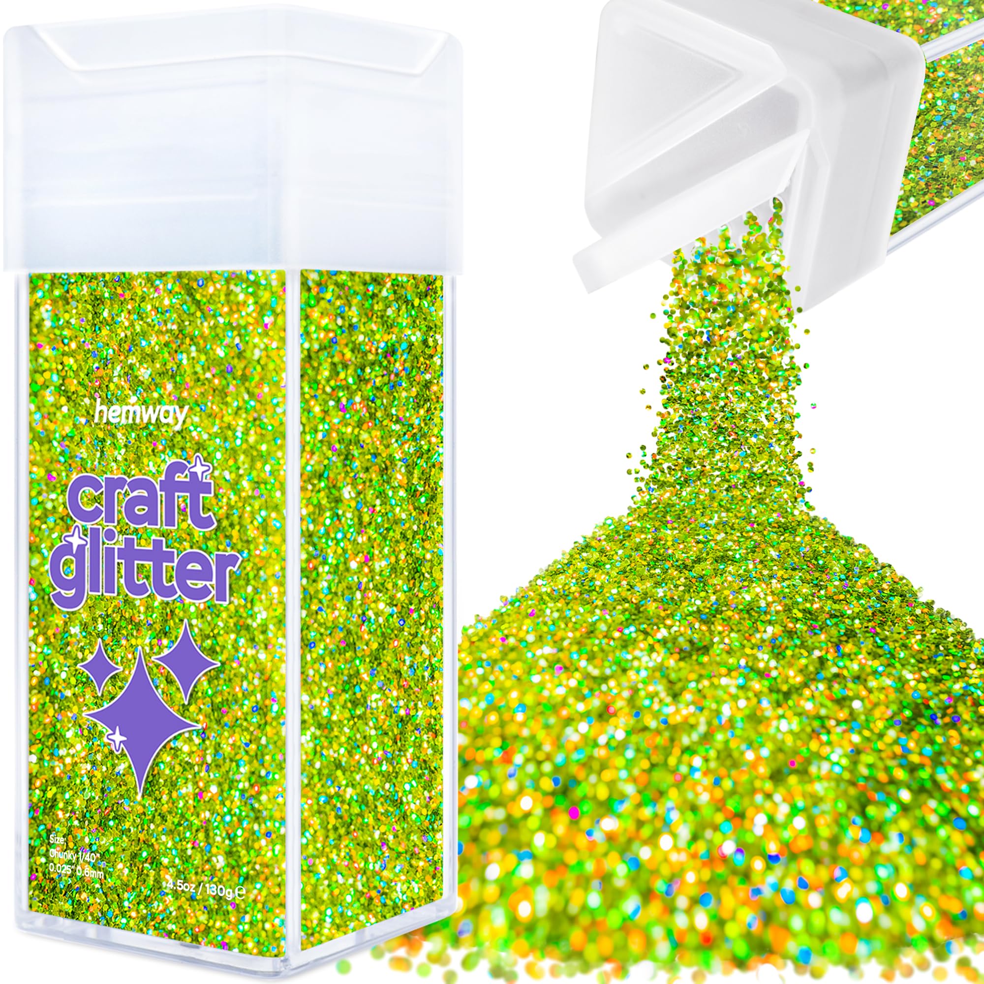 Hemway Glitter Shaker Lime Green Holographic 110g Chunky, Craft Glitter Shaker for Resin & Epoxy Crafts, Christmas Art Supplies, Nail, Body, Face, Eye, Festival, Crafting, Slime, Sparkle