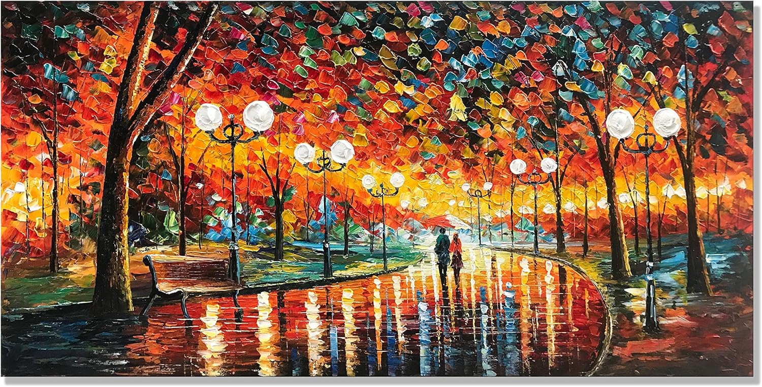 Paintings - Alenoss 24x48 inch Hand Painted Modern Oil Painting on Canvas Wall Art Romantic Couples Abstract Paintings Contemporary Art Blue Artwork Wall Decor for Living Room Bedroom