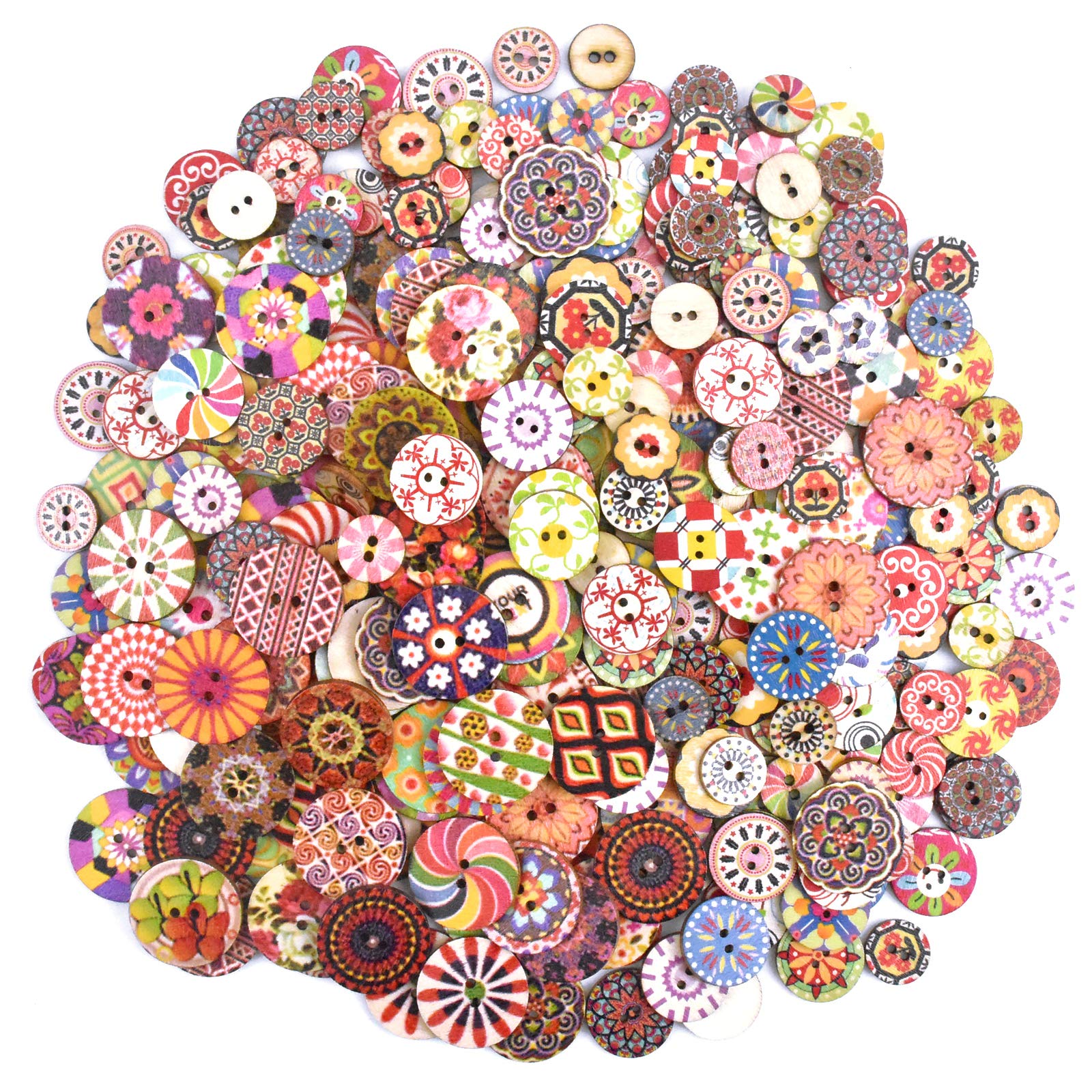 Skyzone 300Pcs Round Wooden Buttons - Mixed Colors and Sizes for Arts Craft Sewing DIY Decoration (15mm, 20mm and 25mm 100Pcs Each)