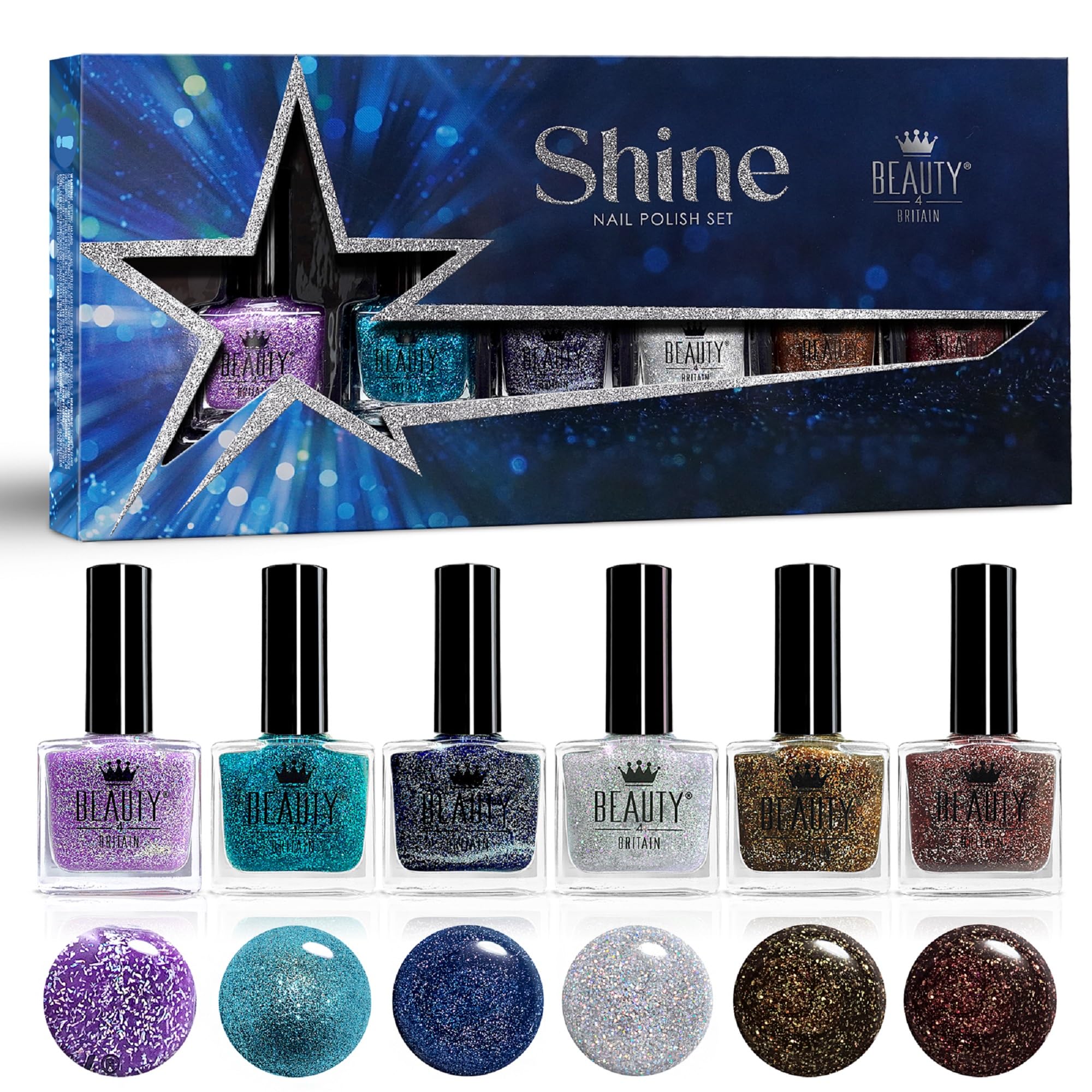 Shine Nail Polish Set of 6 Glitter Reflective Shimmery Colours 10ml Sparkly Shiny Nail Polish Easy Application by Beauty4Britain