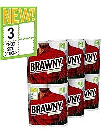 Brawny Tear-A-Square Paper Towels, 12 Rolls, 12 = 24 Regular Rolls, 3 Sheet Size Options, Quarter Size Sheets