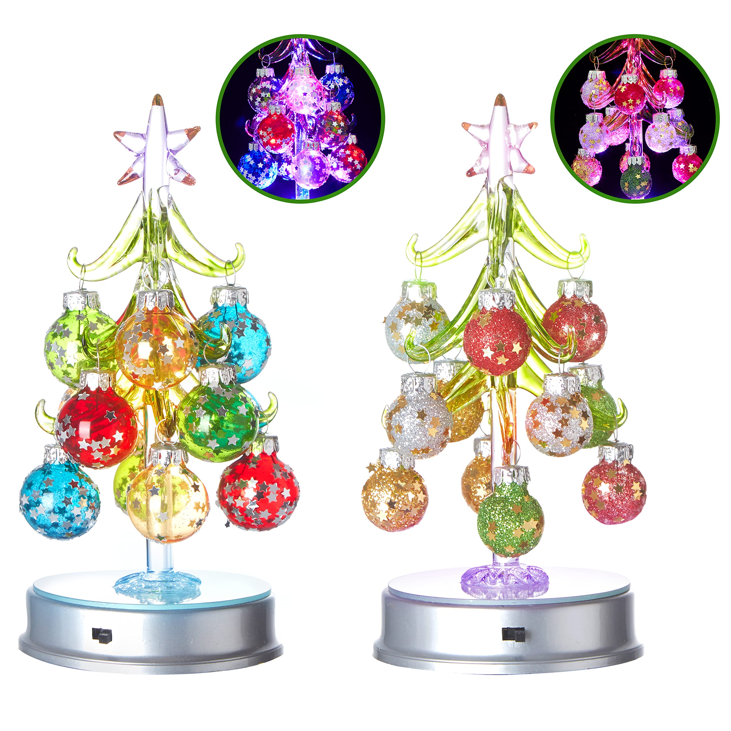 Photo 1 of 2PCS 6.69" Lighted Miniature Glass Christmas Tree Table Top with 12 Glitter Balls Ornaments Light up Xmas Tree with Fairy Lights Mirrored Base for an Apartment or Office Christmas Decorations