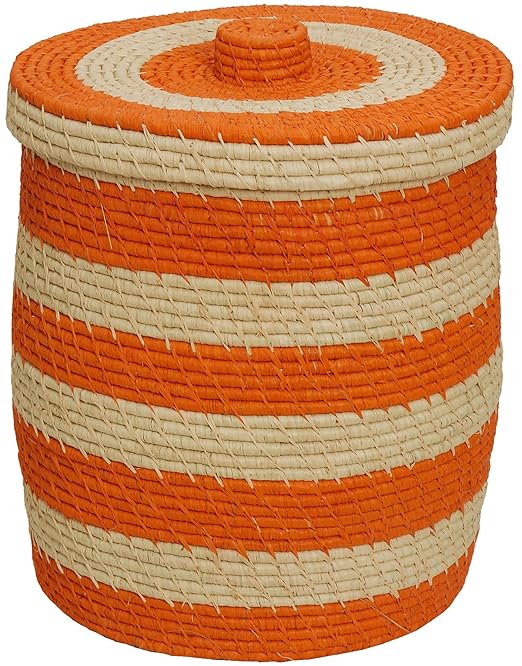Bast Wäschekorb mit Streifen Muster - Handarbeit / Großer Wäschesammler