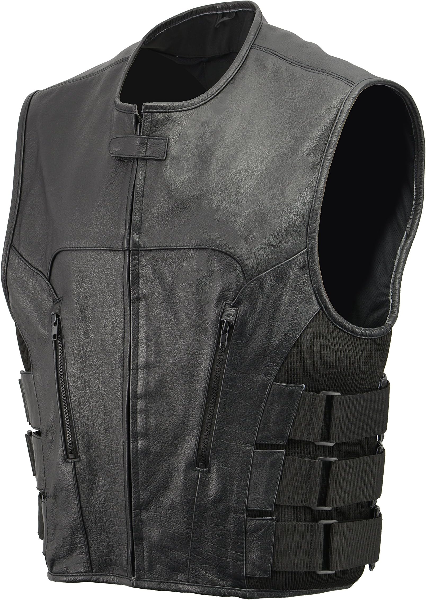 Men’s Leather SWAT Style Vest | Premium Natural Buffalo Leather | Patch Access Lining, New Outseam Gun Pocket, Adjustable Side Straps, Zipper Front Closure | Black Biker Vest (Black, 3X-Large)