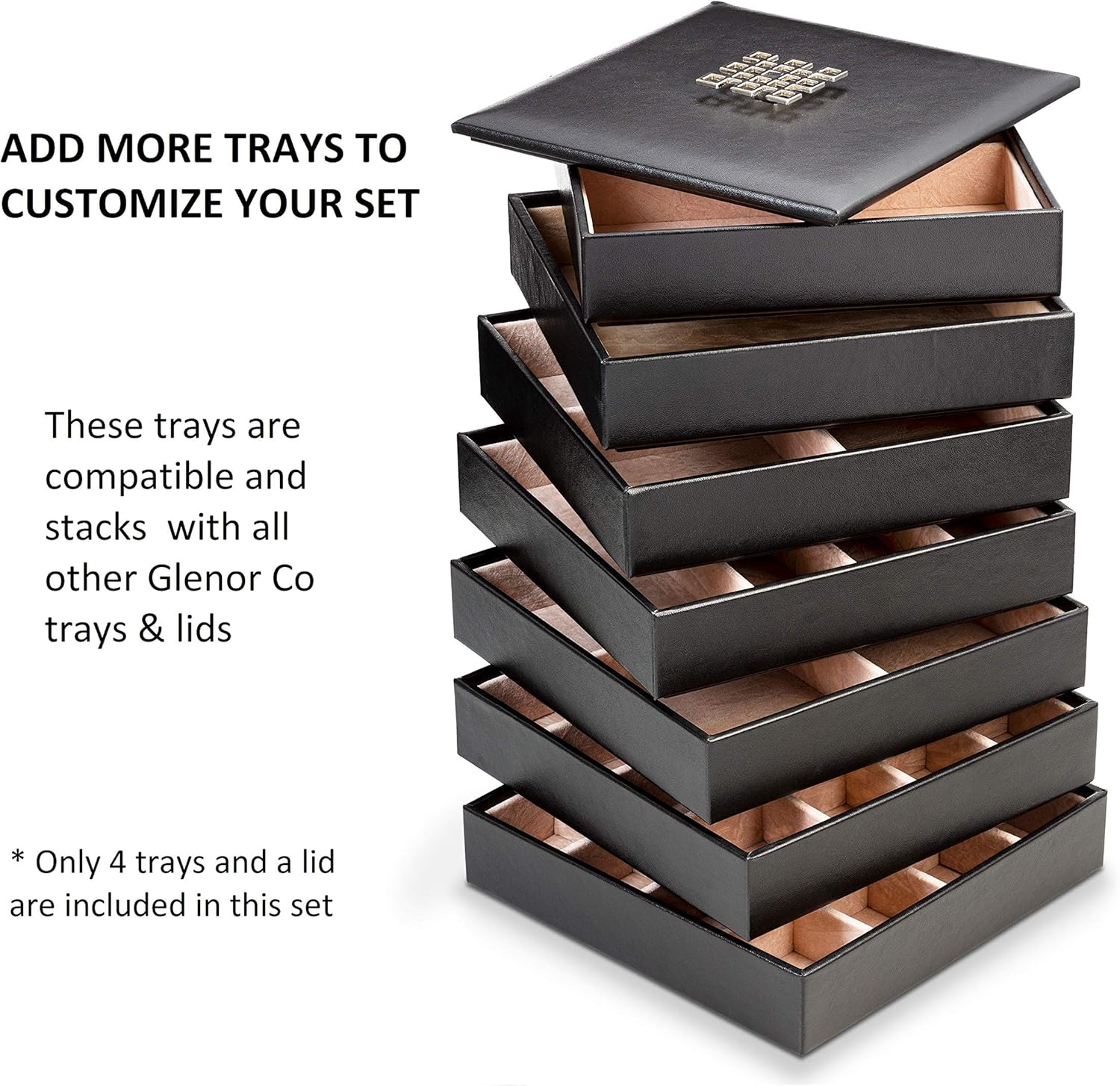Glenor Co Earring Organizer Tray - 4 Stackable Trays with Lid -45 Slot Classic Jewelry Storage Display Case for Drawer or Dresser - Holder for Earring Ring Necklace or Cufflinks - Large Mirror - Black: Home & Kitchen