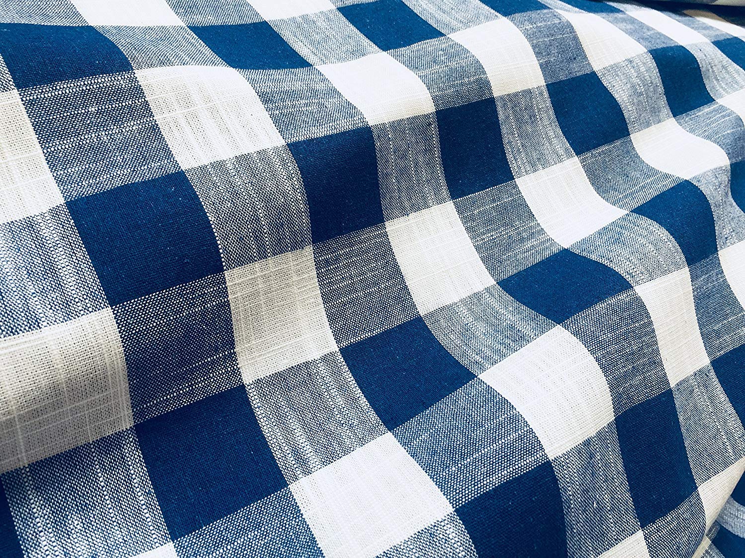 Gingham Linen Checked Linen Fabric Check Material Buffalo Plaid - Dressmaking, Curtains, Home Furnishing - 140cm Wide (Royal Blue & White, 2 METRES)