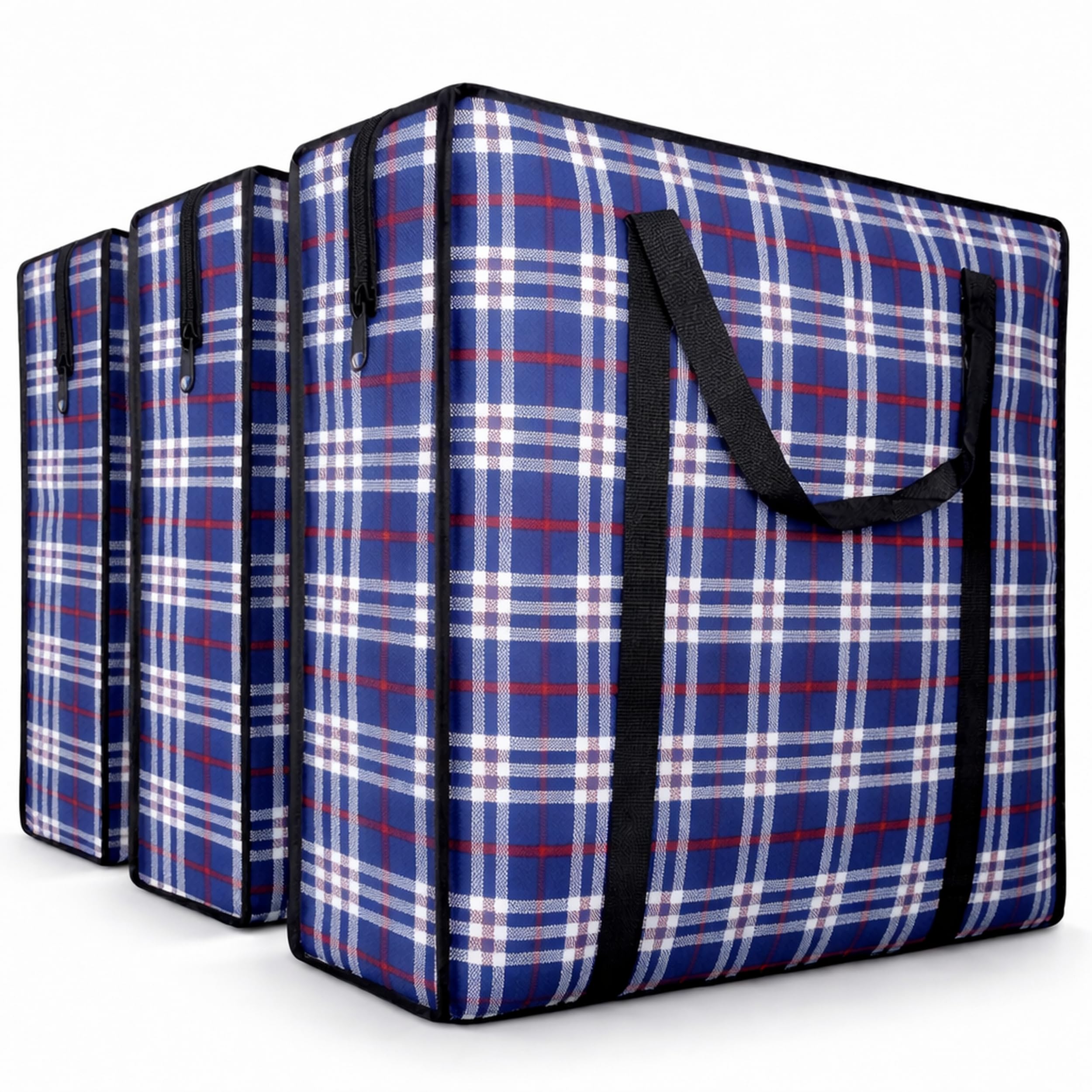 82L Extra Large JUMBO 190 GSM Oxford Fabric Waterproof Storage Bags with Zipper & Strong Handles – Heavy Duty Reusable for Moving, Laundry & Bedding (3 PCS BLACK BLUE)