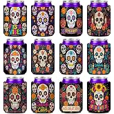 12 Pack Sugar Skull Can Cooler Sleeves, Mexican Fiesta Insulated Drink Can Holders, Beer Beverage Can Covers, Day of the Dead Party Decorations, Holiday Party Favor Supplies for Adults