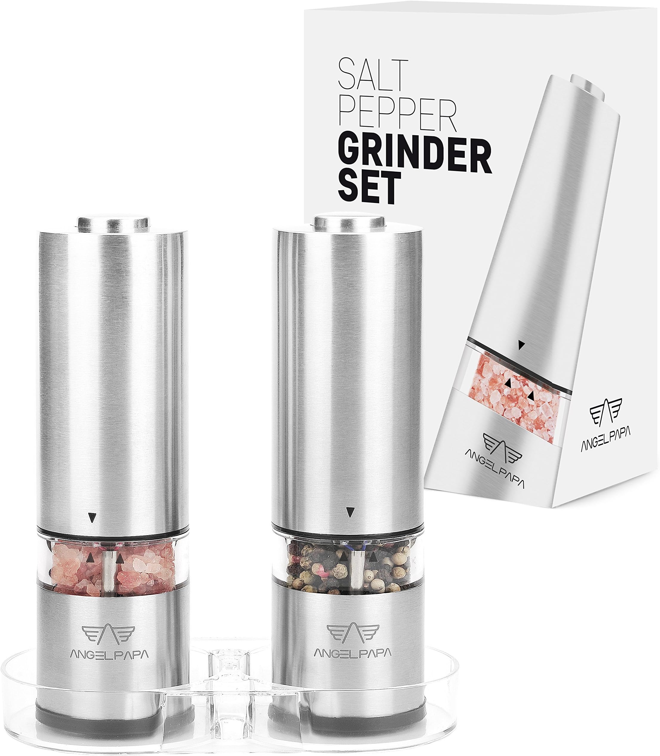 ANGELPAPA Electric Salt and Pepper Grinder Set (Pack of 2) - Complimentary Mill Rest | LED Light | Caps at Bottom | Adjustalbe Coarseness | Battery Operated Stainless Steel Automatic Mill Shaker