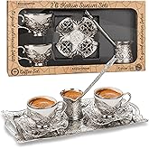 Alisveristime Turkish Coffee Set for Two, 2 White Gilded Porcelain Cups with Zamac Holders and Saucers, Metal Tray, Lale Motif Zamac Coffee Pot (White Gilded) (Silver)
