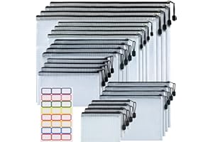 ASTEN Mesh Zipper Pouches, 24PCS Multisize Plastic Zipper File Folders, Waterproof Zipper File Bags Document Pouch for Office, Supplies,Makeup, Board Game Storage(Black)