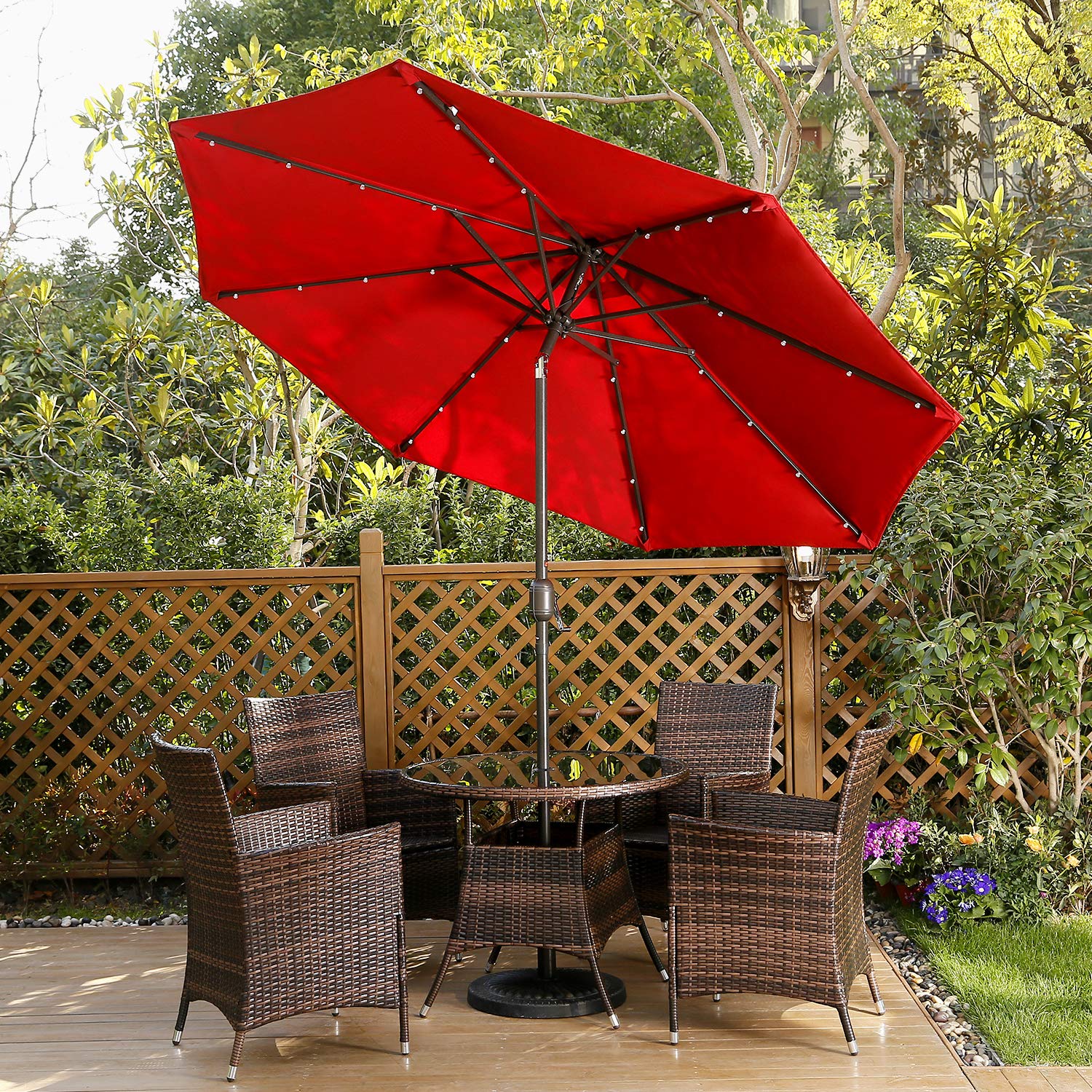 Coffee Aok Garden 9 Ft Led Lighted Patio Outdoor Umbrella Solar Power Market Table Fade Resistant Umbrella With Push Button Tilt Crank And 8 Sturdy Ribs Umbrellas