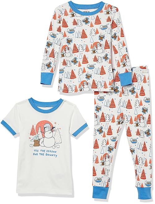 Amazon Essentials Disney | Marvel | Star Wars Baby Boys' Snug-Fit Cotton Pajama Sleepwear Sets, 3-piece Star Wars Mando Winter, 18 Months