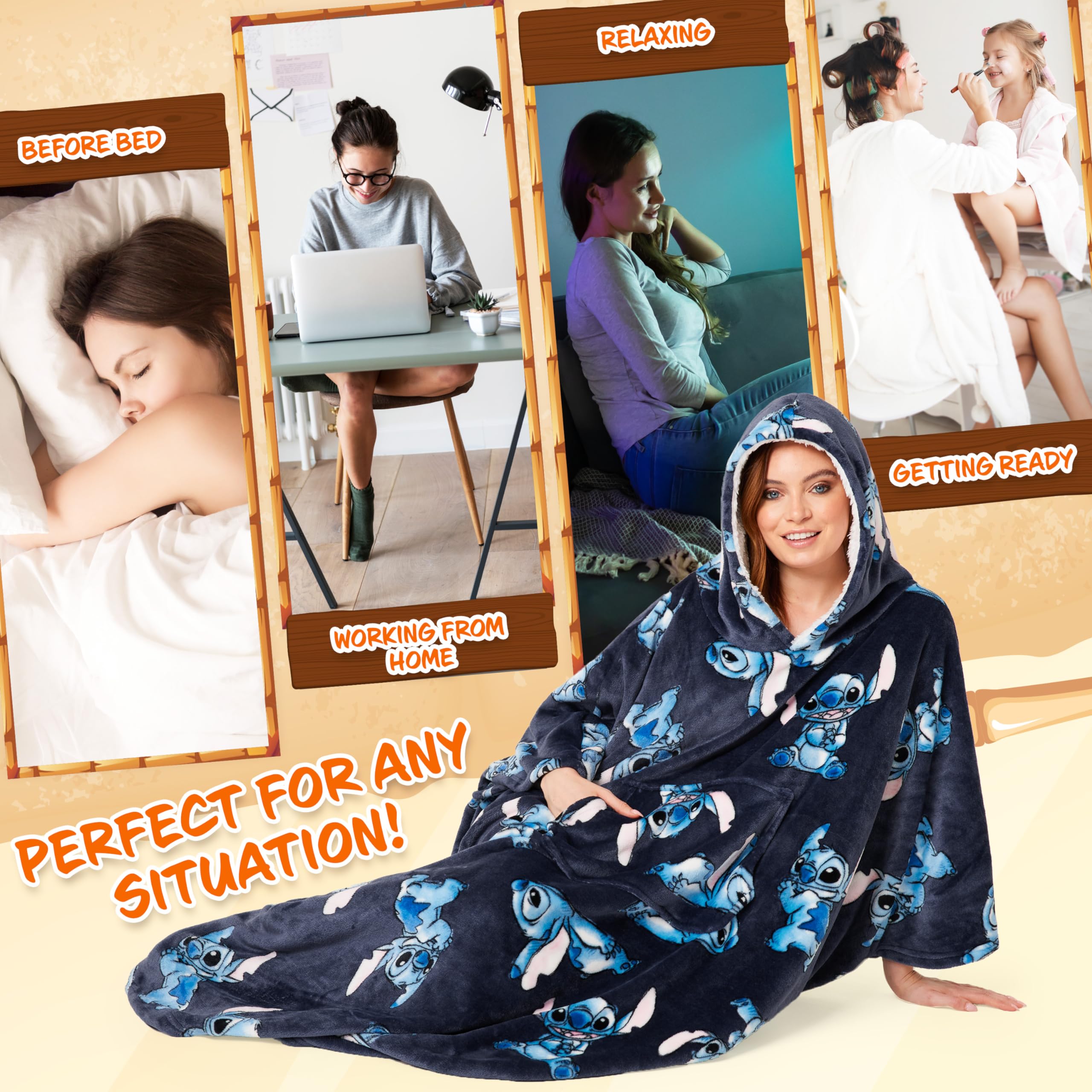 Disney Stitch Blanket Hoodie for Women and Teenagers - Cosy Oversized Fleece Poncho One Size Sherpa Hood - Stitch Gifts