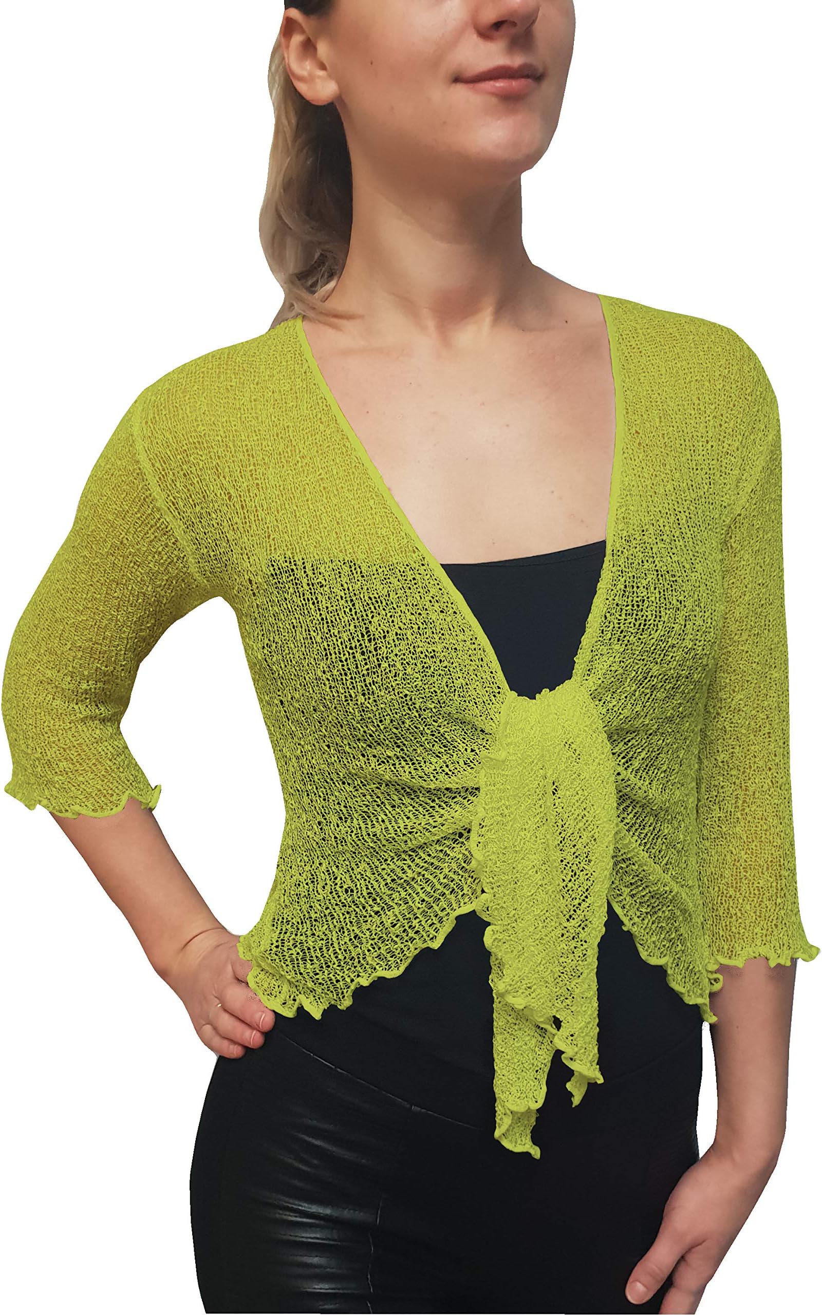 Mimosa Ladies Crochet Glitter or Plain Stretch Lace Fish Net Bali Tie at Waist Bolero Shrug Open Cardigan