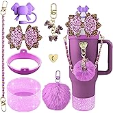 SEMATA Bling Accessories for Stanley Cup 40oz & 30oz Tumbler Including Silicone Cute Bow Straw Topper Cover, Silicone Boot for Stanley Cup,Leather Water Bottle Handle Strap, Charms(Plum)