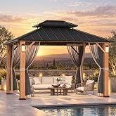Modern Shade Hardtop Gazebo 10x12 with 4 LED Lights for Backyard Wood Grain | Permanent Hard Top Gazebo with Galvanized Steel Double Roof, Metal Gazebo with Decor Hooks, Mosquito Nettings for Patio
