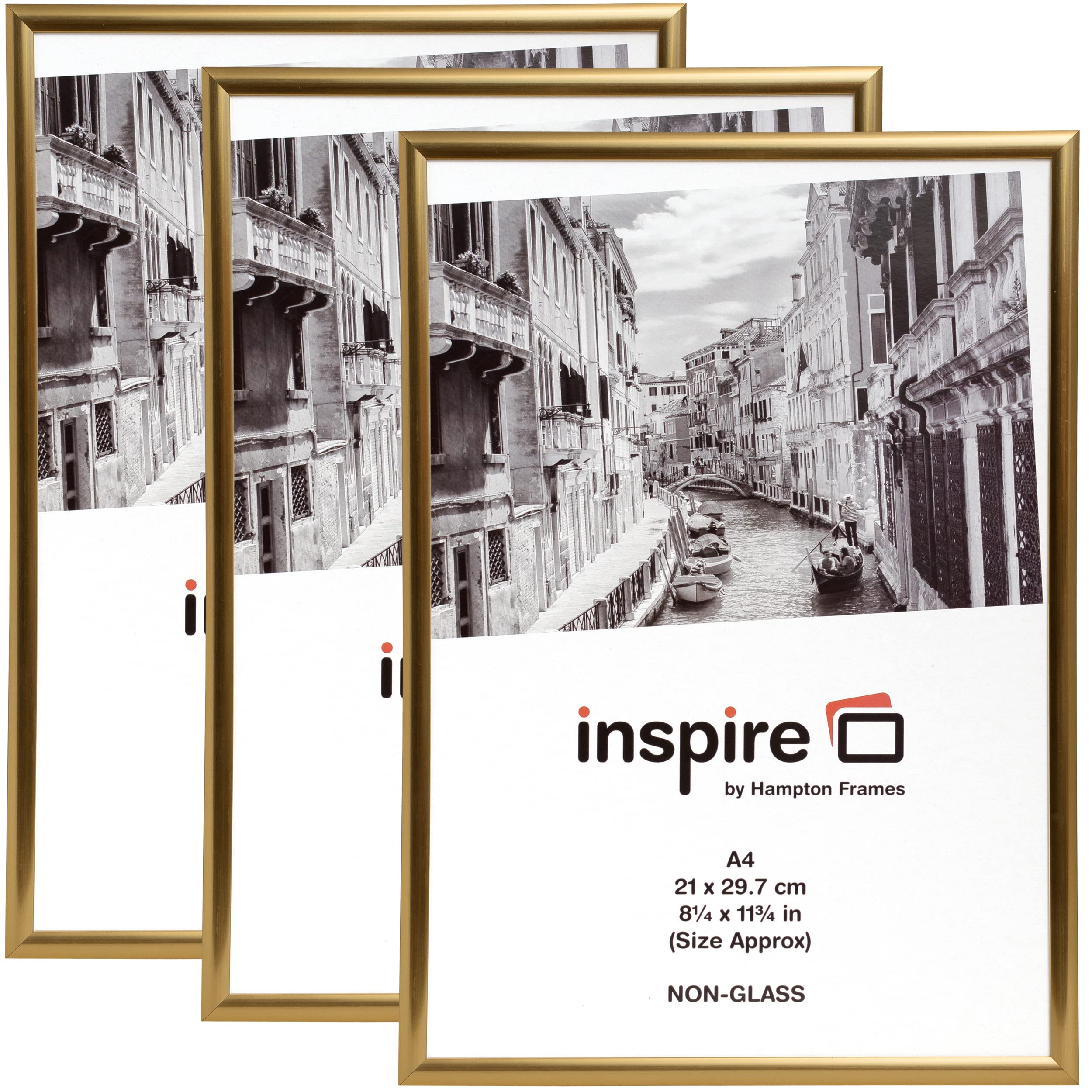 Hampton Frames | A4 Backloader Picture Frame Set, Gold, 3 Pack, Acrylic Front | Easy Load Design, Lightweight, Wall or Desk Display | For Photos, Posters, Certificates