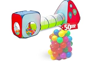 Kiddey 3-in-1 Kids Pop-Up Play Tent, Crawl Tunnel, & Ball Pit Set with 50 Play Balls - 3 Piece Durable Pretend Playhouse Tent for Boys, Girls, Toddlers & Pets - Indoor & Outdoor with Carry Case