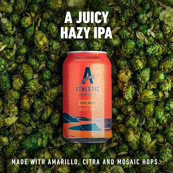ATHLETIC BREWING COMPANY CRAFT NON ALCOHOLIC BEER, LOW CALORIE HAZY IPA, PAIR WITH SALAD, PIZZA, & DESSERTS, VEGAN HOPS BLEND WITH FLORAL & CITRUS NOTES, FREE WAVE, 12 PACK, 12 FL OZ CANS