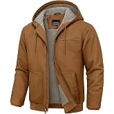Cotrasen Men's Hooded Work Jacket Duck Canvas Sherpa-Lined Winter Coat | 5 Pockets, Thermal Insulation, Waterproof &amp; Windproof, Heavyweight, Cotton Canvas Jacket With Hood, Warm Fleece Sherpa Lining