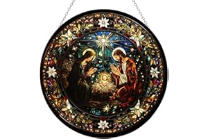 365CUSGIFTS Serene Nativity Mary, Joseph Stained Glass Window Hangings, Handcrafted Stained Glass Suncatchers, Gift for Cat Lovers Nature Lovers