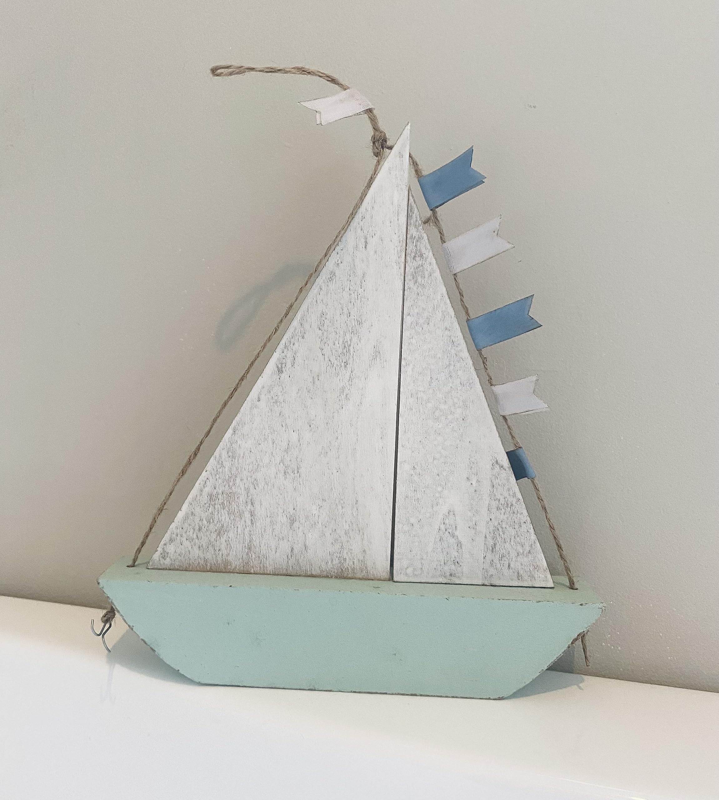 Aqua Pastel Wood Hanging Sail Boat with Fabric Flags Hanging or Freestanding Ornament 20 cm
