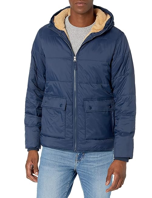 Amazon Essentials Men's Long-Sleeve Water-Resistant Sherpa-Lined Puffer Jacket, Navy, Large