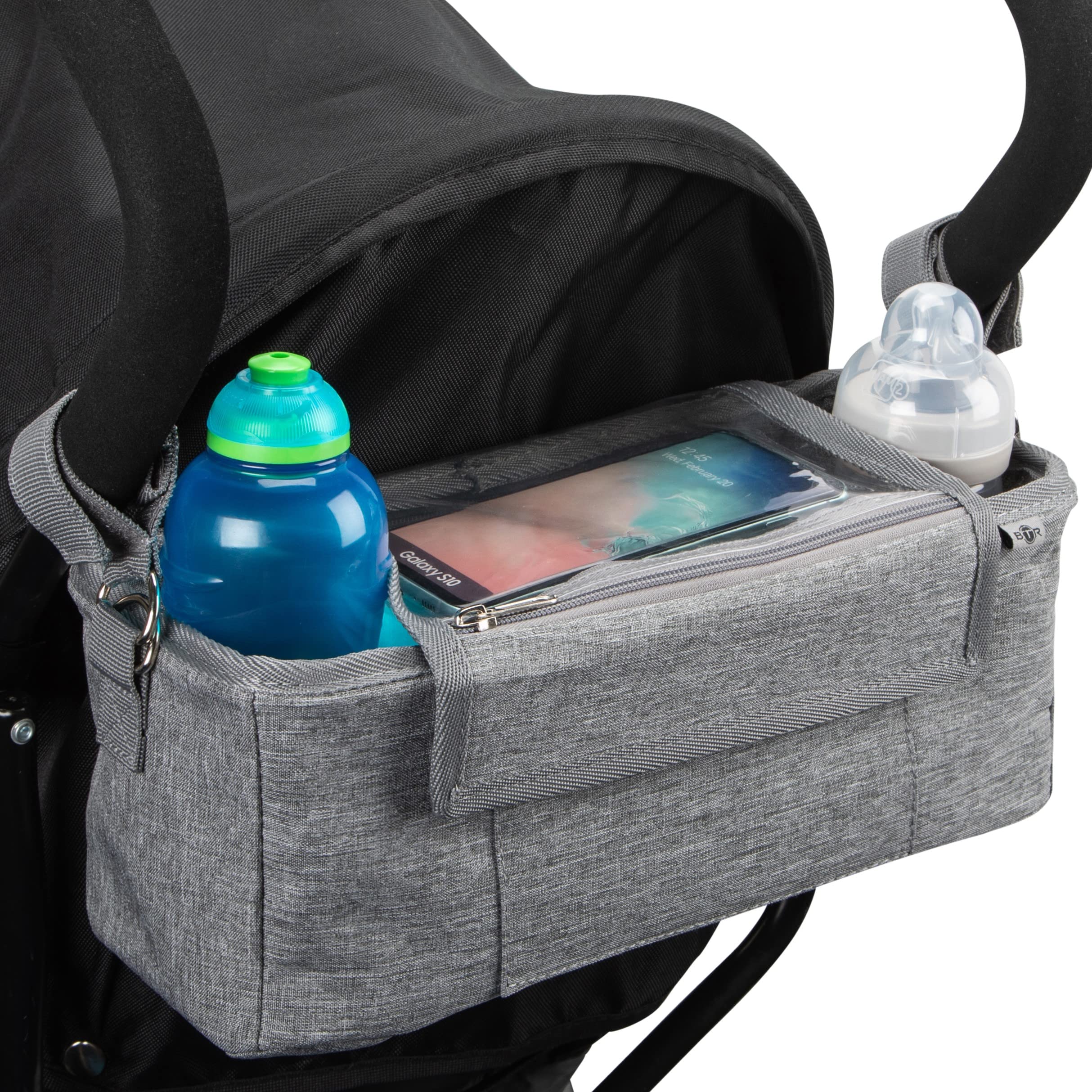 BTR Buggy Organiser incl Phone Holder & Waterproof Cover. Fits All Pushchairs. Universal Pram Organiser and Storage Bag for Your Pram