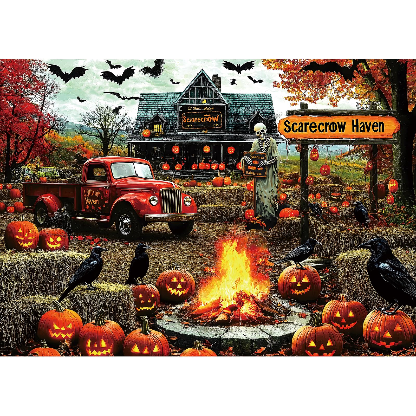 Photo 1 of 1000 Piece Puzzles for Adults Clearance, Fall Ghost Scarecrow for Adults Puzzle, Haunted House Gift Jigsaw Puzzles, for Gifts Halloween Birthday Party Games Family, 27.5" X 19.7" Dust Free