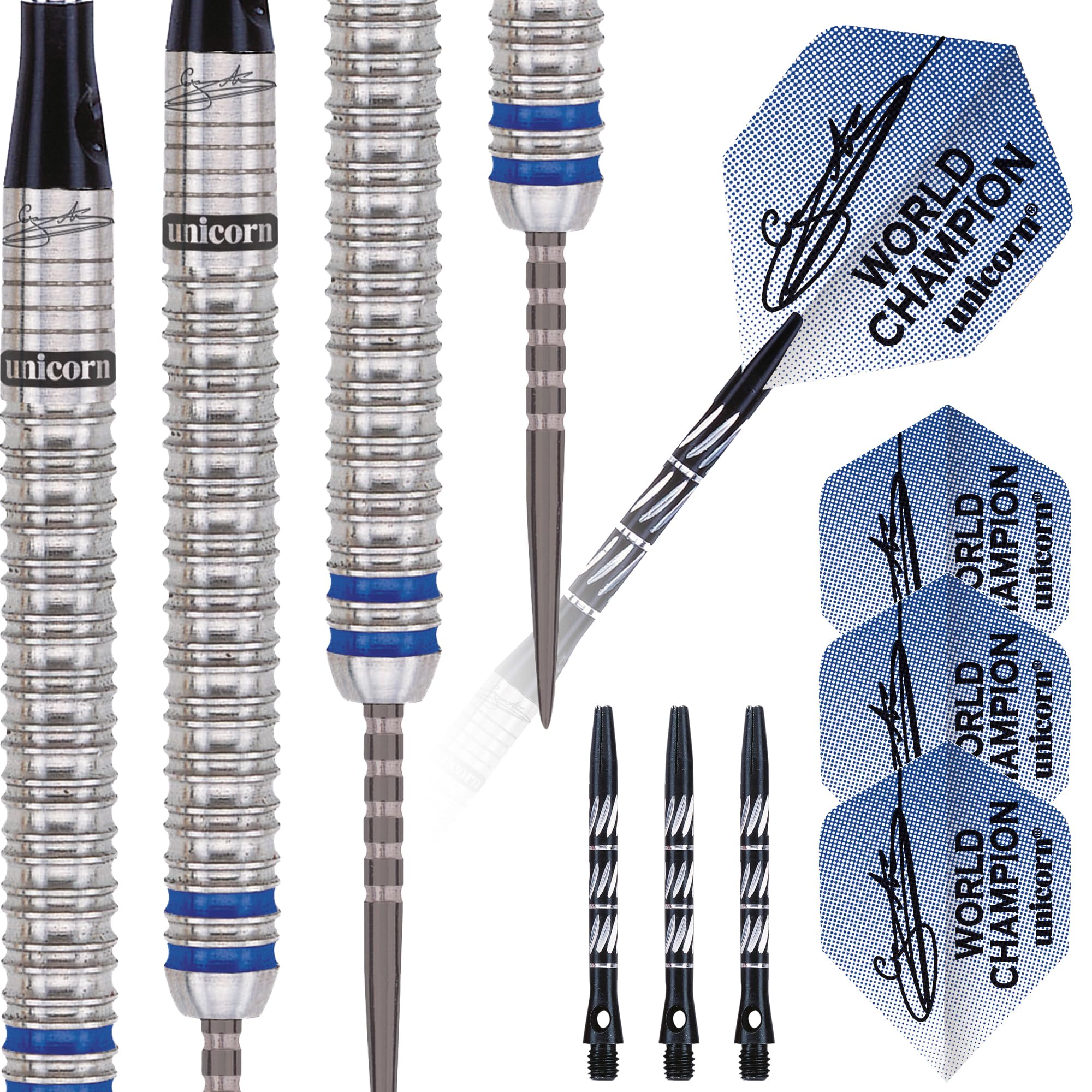 Unicorn Steel Tip Darts Set | Gary 'The Flying Scotsman' Anderson Phase 3 World Champion | 90% Natural Tungsten Barrels with Blue Accents | 23 g