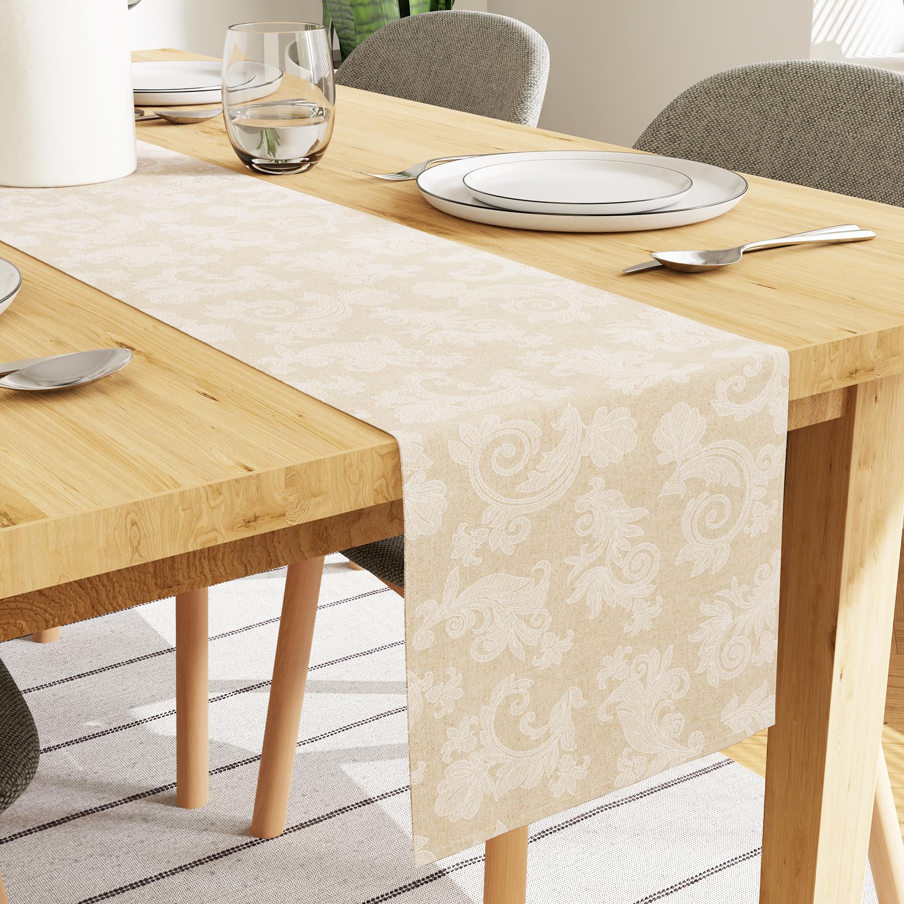 Encasa XO Dining Table Runner for 4 to 6 seater I Size 32x183 cm | - Floral Beige Jacquard Style Print on Homespun Cotton | Fast Colours, Machine Washable