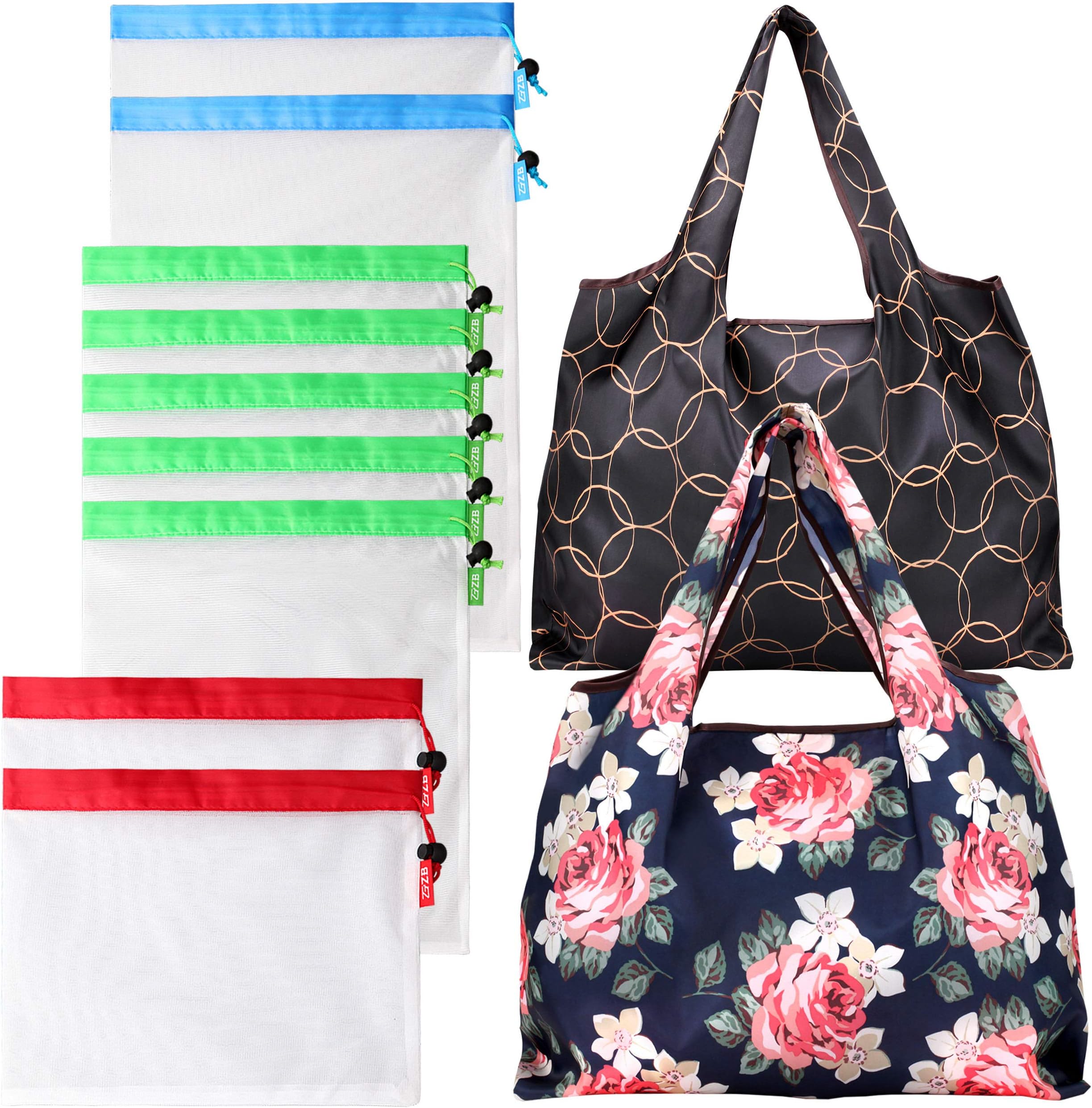 Reusable produce bags with Foldable Reusable Grocery Bags Set - 9 Pack Contact Safe Zero Waste See Through Lightweight Washable Mesh Produce Bags with 2 Large Shopping Bags (11 Pack)