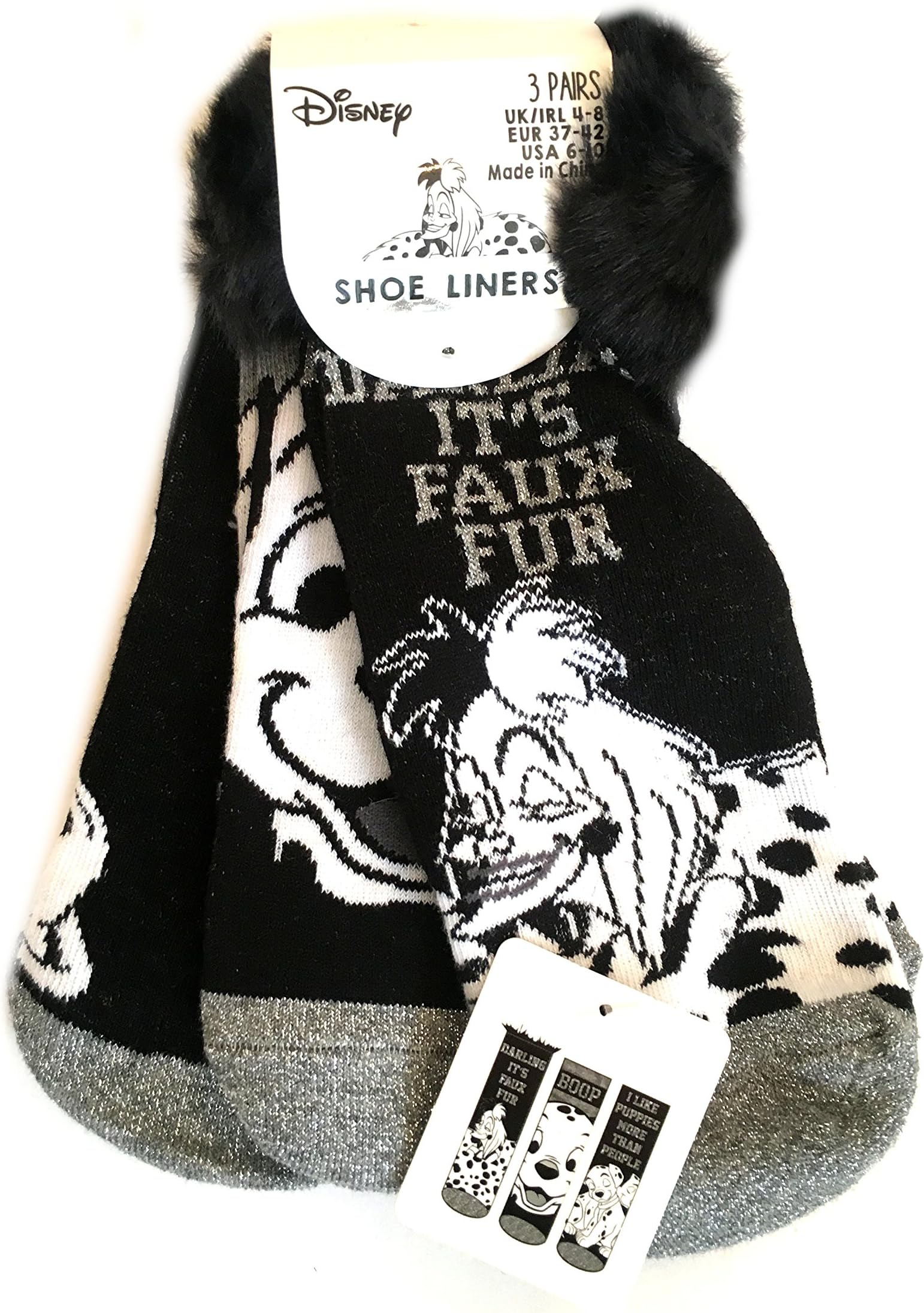 101 Dalmatians Socks Shoe Liners Trainer Socks 3 Pair Pack Different Designs Size 4-8, EUR 37-42