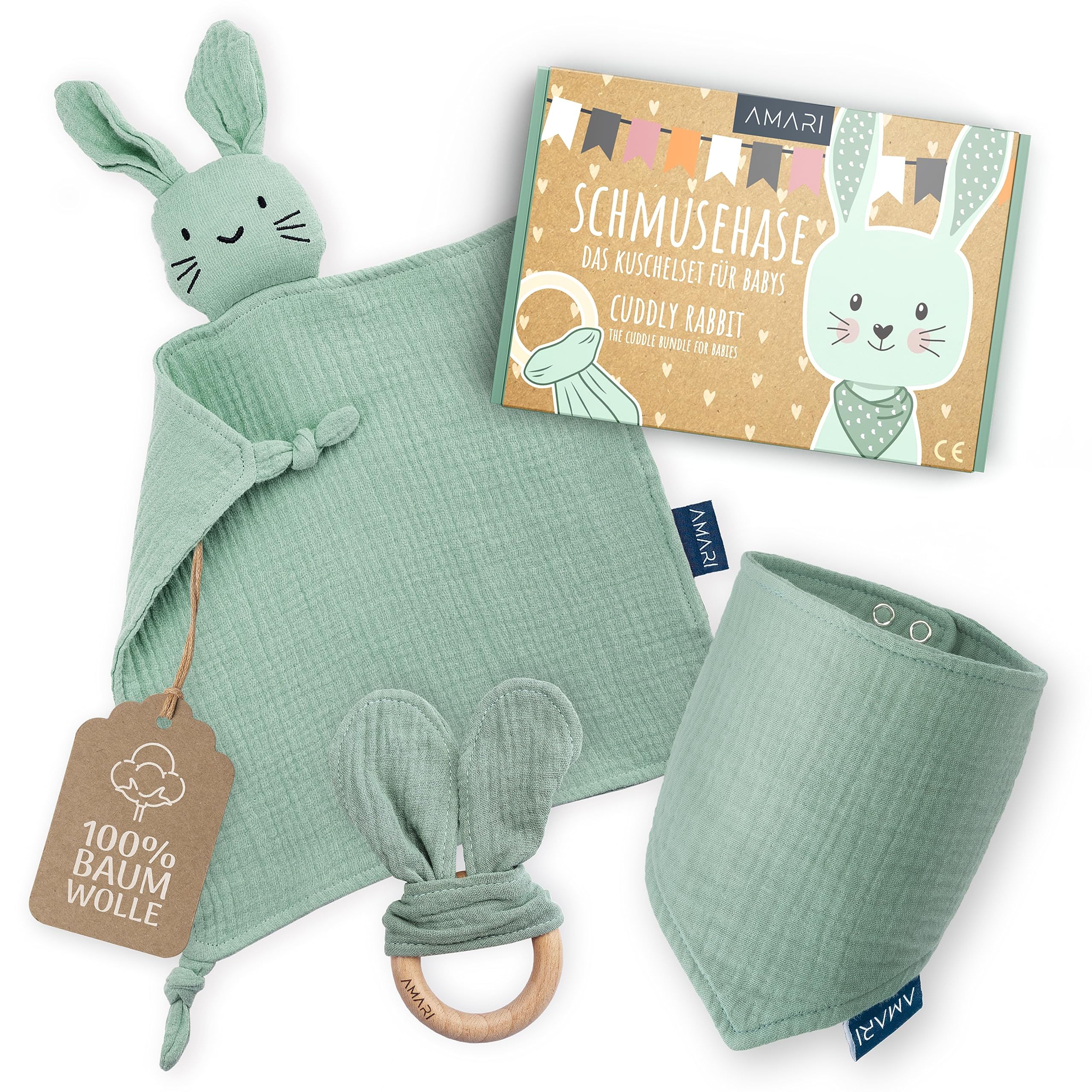 AMARI ® Cuddle cloth with teether and bib, Ideal gifts for birth for boy and girl - Baby gift newborn - Cuddle cloth baby gifts set for baby shower
