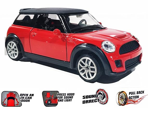 Jack Royal 1:32 Scale Metal Diecast Car With Pullback Action ( Light And Sound) (Mini Cooper-Red)