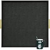 HofferRuffer Extra Large Square Serving Tray, Elegant Faux Leather Ottoman Tray with Gold Hardware Handles, Serve Tea, Coffee or Breakfast in Bed, 24 x 24 inches (Black Shagreen)