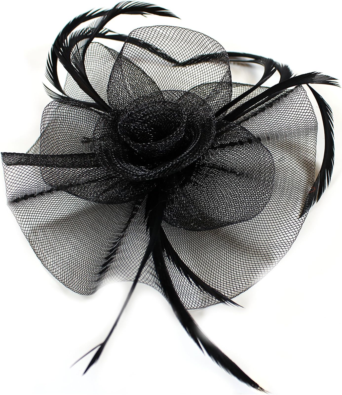 Ladies New Elegant Looped Net with Centre Swirl Fascinator on a Clip and Brooch Pin (BLACK)