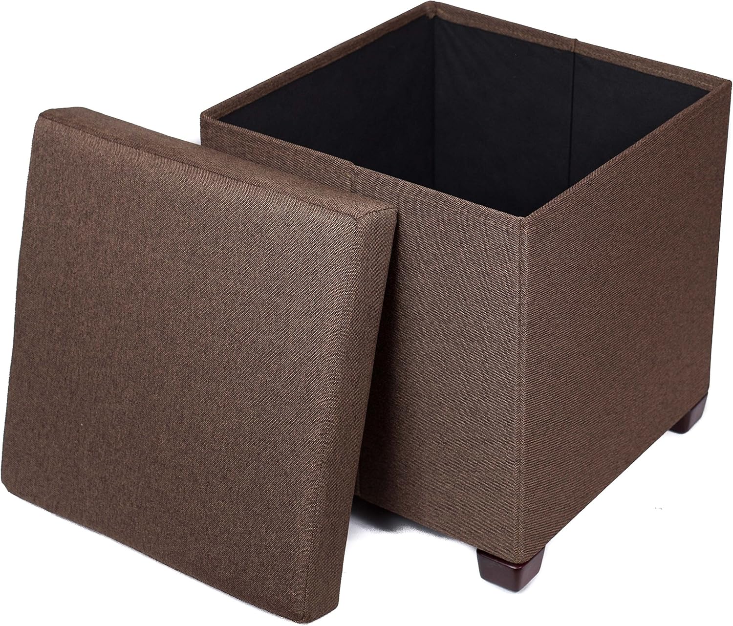 BIRDROCK HOME Folding Storage Ottoman with Legs - Upholstered - 16 x 16 - Linen - Strong and Sturdy - Quick and Easy Assembly - Foot Stool - Brown