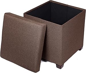 BIRDROCK HOME Folding Storage Ottoman with Legs - Upholstered - 16 x 16 - Linen - Strong and Sturdy - Quick and Easy Assembly - Foot Stool - Brown