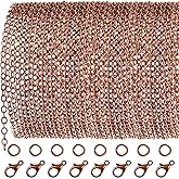 TecUnite 33 Feet Antique Red Copper Chain Link Necklace with 30 Pieces Jump Rings and 20 Pieces Clasps for DIY Jewelry Making