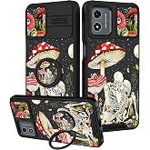 Funermei for Moto G Play 4G 2024 Case with Ring Stand, Mushroom Skull | Slide Camera Protection, Dual-Layer Hard PC Construction, Cute Girly Phone Cover for Women and Girls