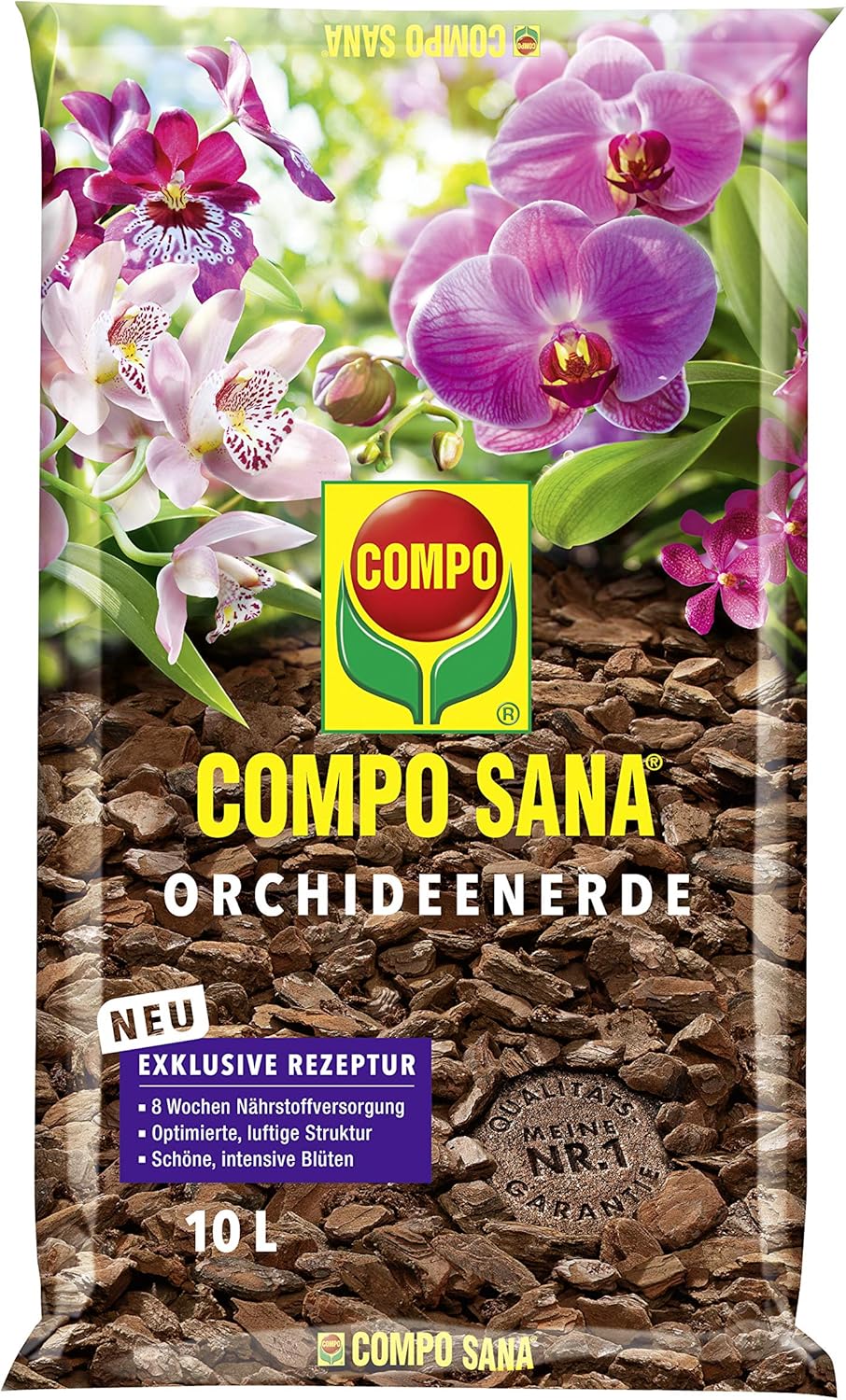Compo SANA Orchideenerde mit 8 Wochen Dünger für alle Orchideenarten, Kultursubstrat aus Pinienrinde, 10 Liter