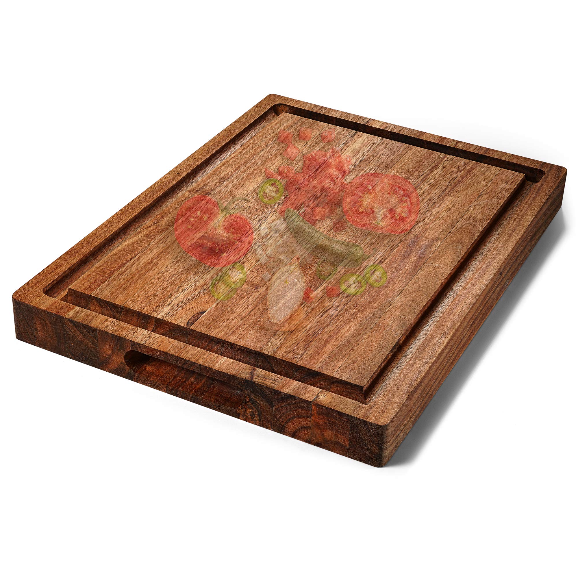 Acacia Wood Cutting Board (16x12x1.5in) and Wooden Butcher Block, Chopping Board - Reversible Multipurpose For Meat, Cheese Board, Vegetables, Bread...with Juice Groove, Cracker Holder & Inner Handles