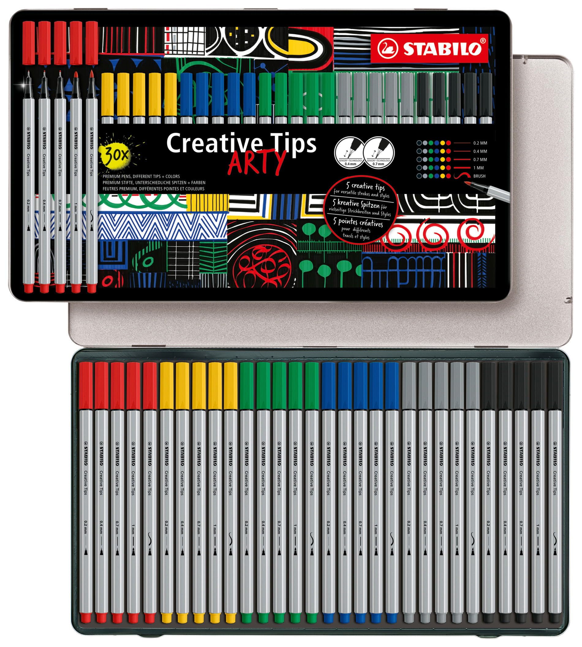STABILO Creative Tips - Multi-Tip Pen Set - ARTY - Tin of 30 - CLASSIC - Assorted Colours