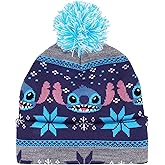 Stitch Fair Isle Knitted Cuffed Holiday Beanie Hat with Stitch Character Face and a Pom Pom, Snowflakes Design, One Size, Multicolor