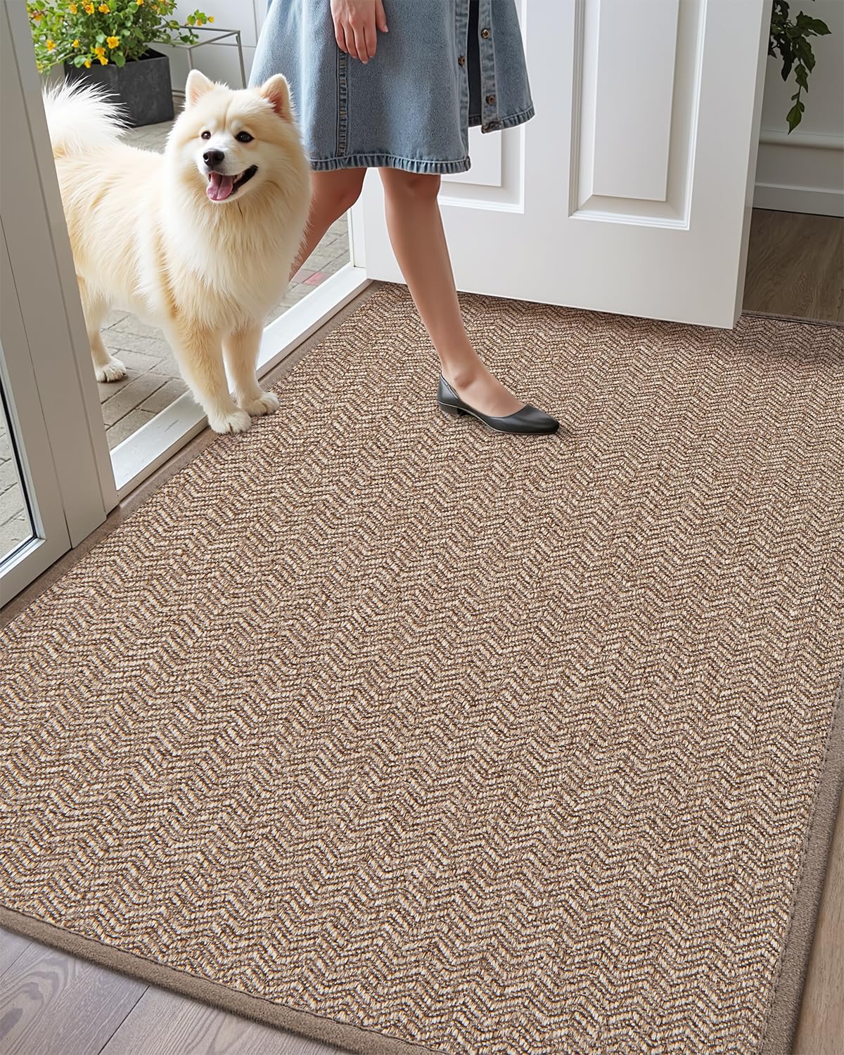 COLOR&GEOMETRY Dirt Trapper Door Matts Indoor 61x91 cm, Indoor Door Mat Non Slip, Front Door Mat Heavy Duty, Absorbent Doormats Inside for Entrance, Muddy Paws, Khaki (Rolled-up NO Creases)
