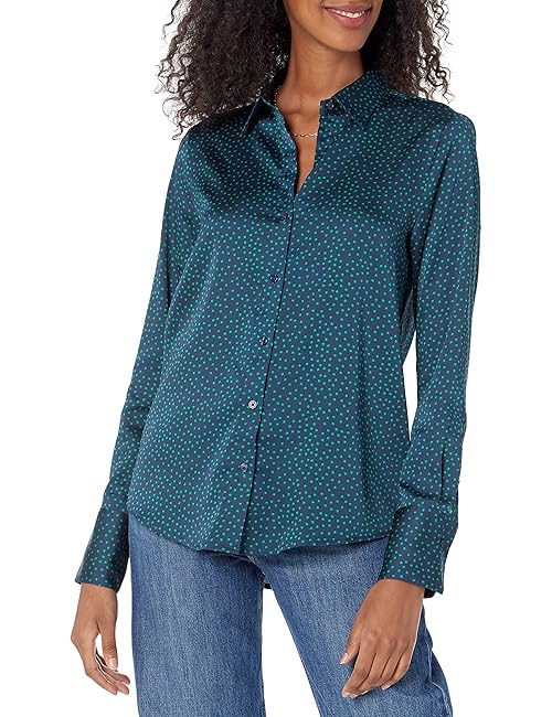 Amazon Essentials Women's Regular-Fit Satin Button Down Blouse (Available in Plus Size), Dark Navy Diamond, Medium