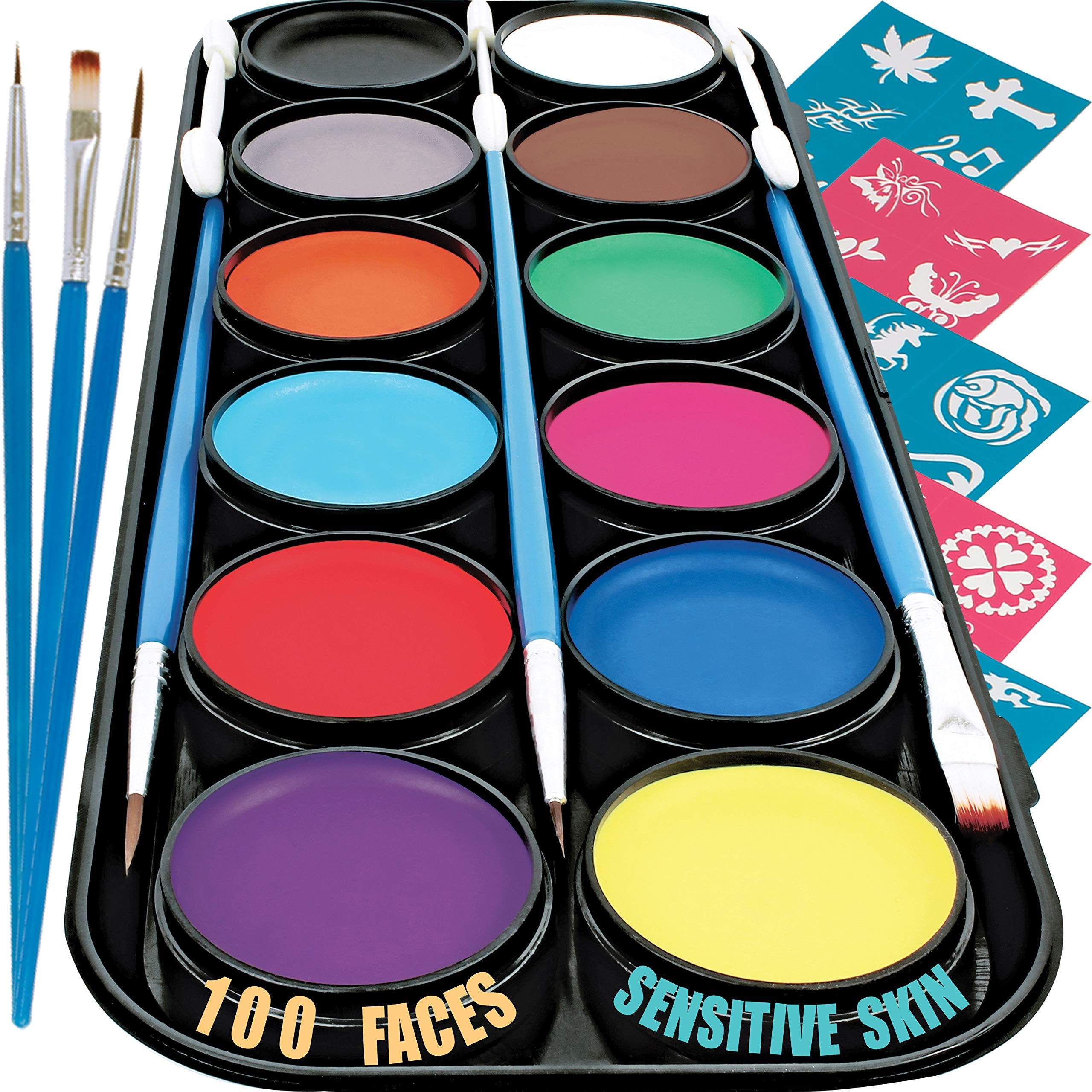 Artsy Fartsy Face Paint 12 Color Palette | 30 Stencils, 3 Brushes, 3 applicators, and Jumbo Size Sturdy Case | Professional Painting Kit for Kids | Water Based Set Non-Toxic FDA Approved