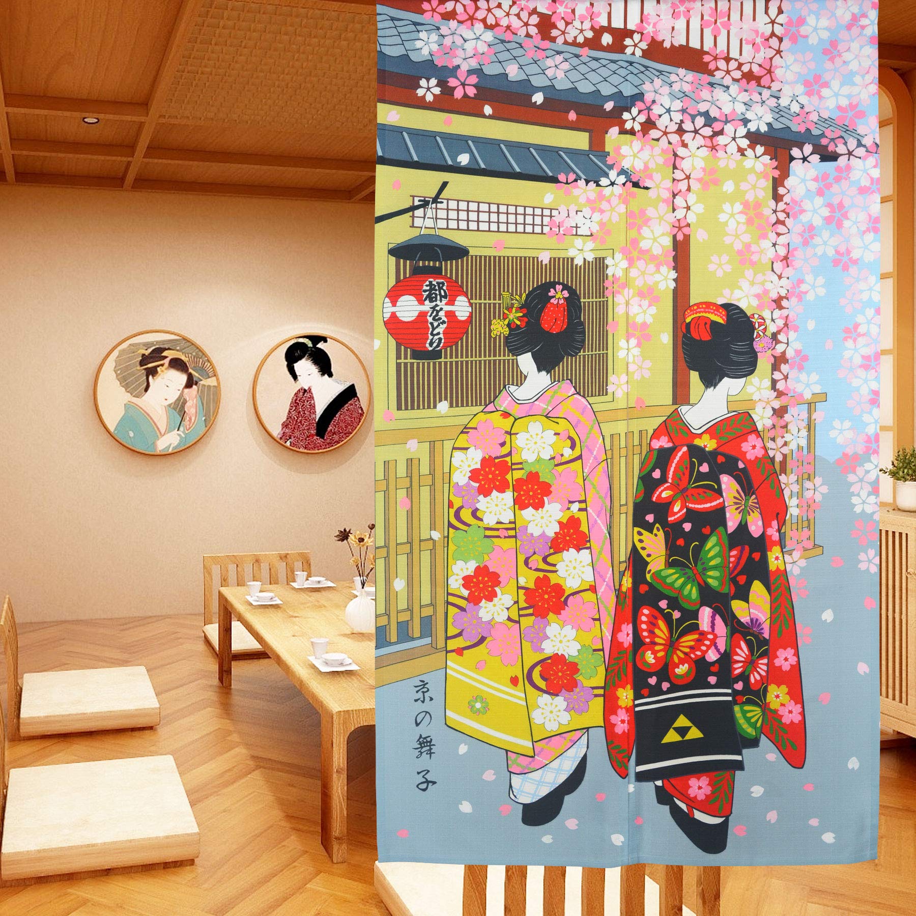 LIGICKY Noren Japanese Style Long Doorway Curtain Kyoto Geisha Girls and Cherry Blossom Window Treatment Tapestry for Home Decoration 85 x 150 cm